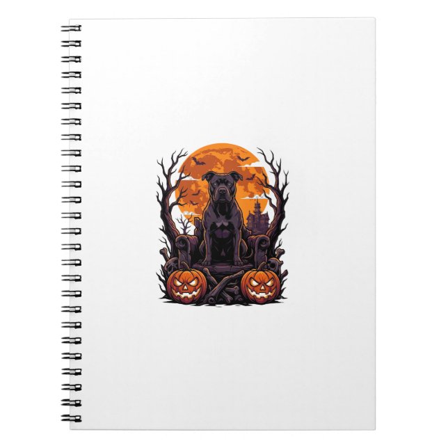 Caderno Espiral Abóbora Trono Pitbull Preto Halloween Lua Cheia_ (Frente)