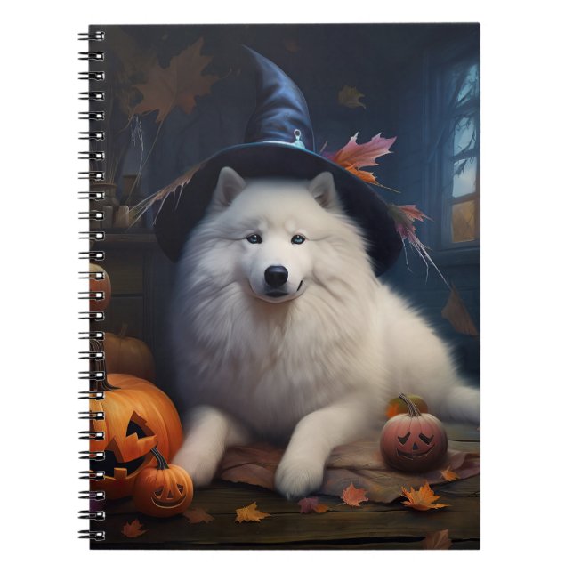 Caderno Espiral Abóboras Samoyed Halloween Assustador (Frente)