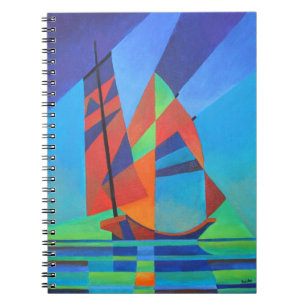 Caderno Espiral Abstrato Art Junk Boat Contra Céu Azul Profundo
