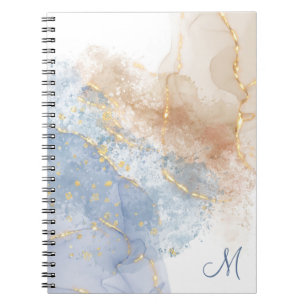 Caderno Espiral Abstrato Azul, Taupe e Foto Espiral Dourada
