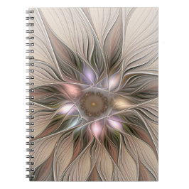 Caderno Espiral Abstrato Beige Brown Floral Fractal de Flor Joyful