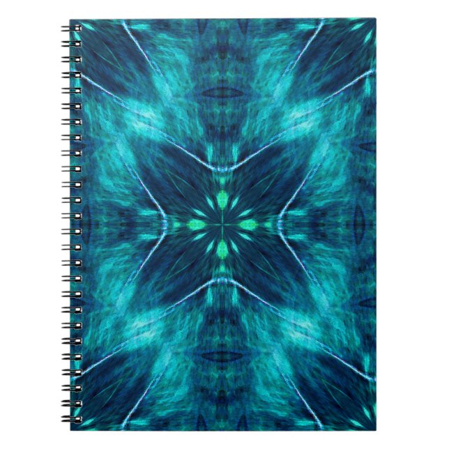 Caderno Espiral Abstrato Bloom Aqua e Blue Fractal Design (Frente)