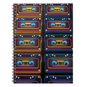 Caderno Espiral Abstrato cassete cassete neon retro music of backg