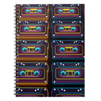 Caderno Espiral Abstrato cassete cassete neon retro música de fund
