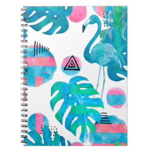 Caderno Espiral Abstrato com aquarela flamingo e elema aleatório