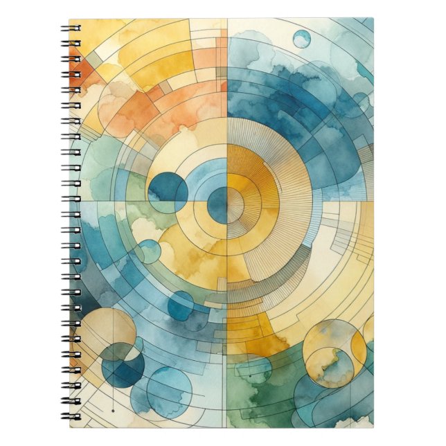 Caderno Espiral Abstrato de Aquarela Geométrica Azul e Amarelo (Frente)