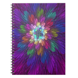 Caderno Espiral Abstrato de Flor Psicodélica Colorida Arte Fracta