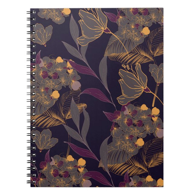 Caderno Espiral Abstrato de flores e folhas sobre um ouro (Frente)