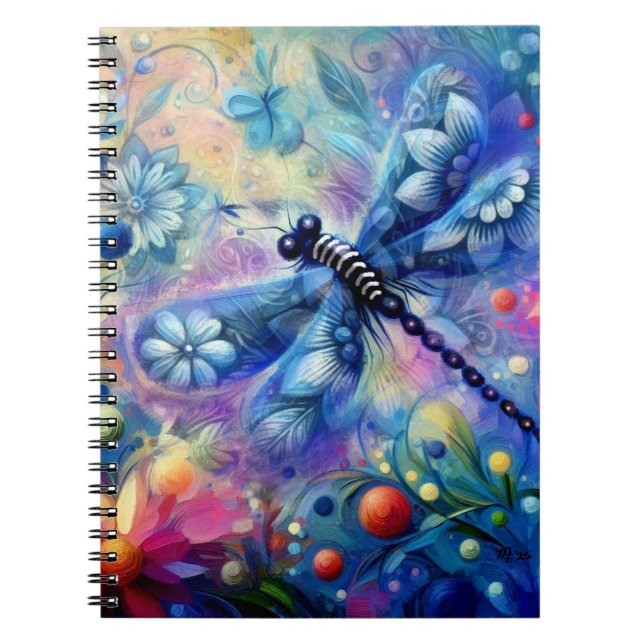 Caderno Espiral Abstrato Dragonfly Floral Teal Azul Cor-de-rosa (Frente)