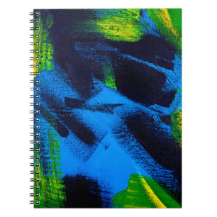 Caderno Espiral Abstrato. fundo. Preto acrílico, amarelo, azul,