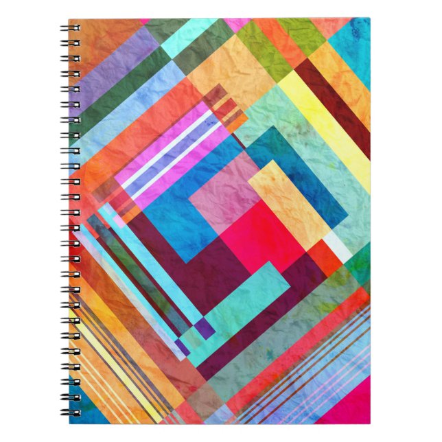 Caderno Espiral Abstrato geométrico, fundo de cores gráficas. (Frente)