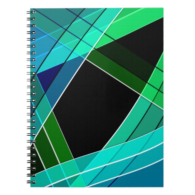 Caderno Espiral Abstrato, geométrico, verde, azul, preto (Frente)