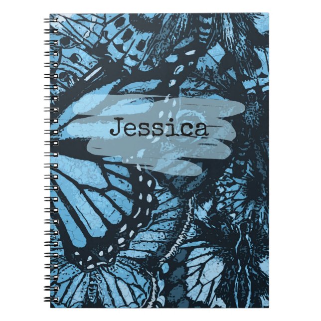 Caderno Espiral Abstrato Grunge Blue Butterfly Art Personalizado (Frente)