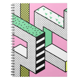 Caderno Espiral Abstrato Memphis: formas geométricas de 80s.