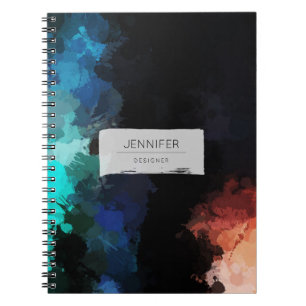 Caderno Espiral Abstrato moderno - Espalhos Pretos - Laranja Azul