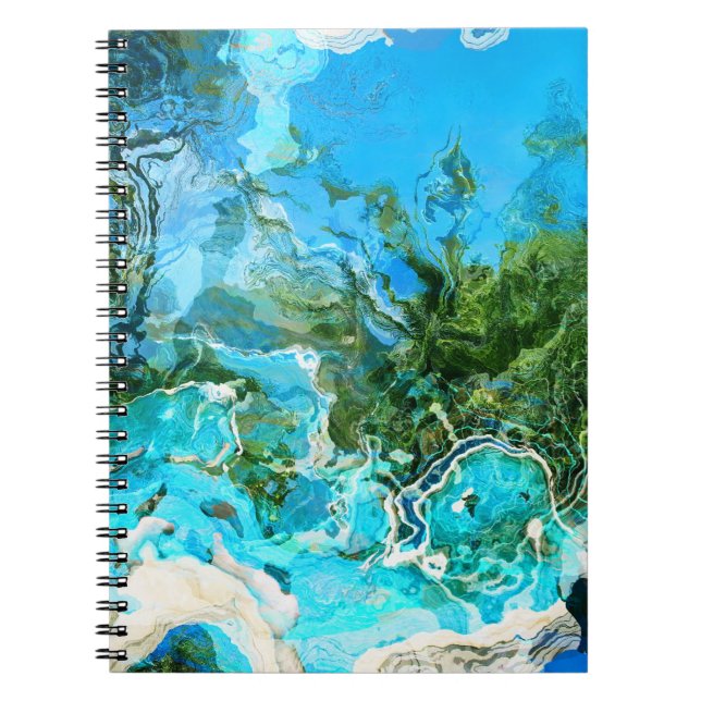 Caderno Espiral Abstrato Turquesa Oceano Azul e algas verdes (Frente)