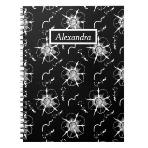 Caderno Espiral Abstrato White Line Art Flowers On Black Notebook