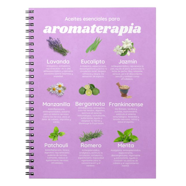 Caderno Espiral Aceites esenciales aromaterapia español lavanda (Frente)