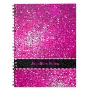 Caderno Espiral Acentos Pretos de Brilho Rosa Quente