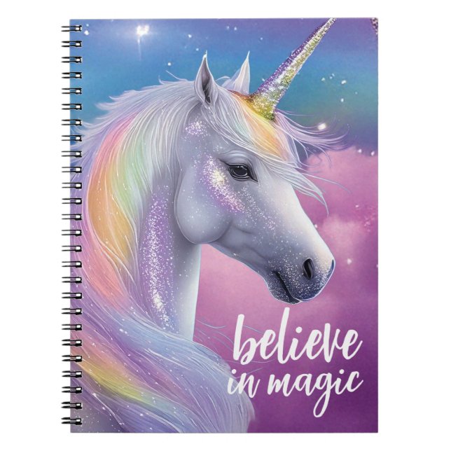 Caderno Espiral Acredita no Magic Pastel Rainbow Glitter Unicorn (Frente)