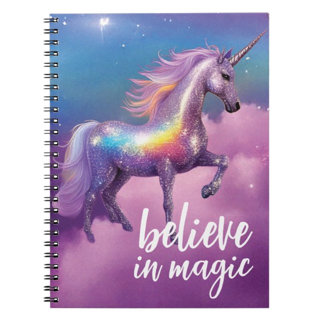 Caderno Espiral Acredite em Magic Rainbow Glitter Unicorn Fantasy (Frente)