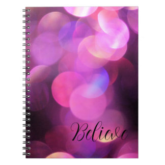 Caderno Espiral "Acredite" Script Preto, Diário Roxo Sparkles