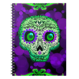 Caderno Espiral Açúcar Verde e Roxo Glowing Skull Halloween Fofo