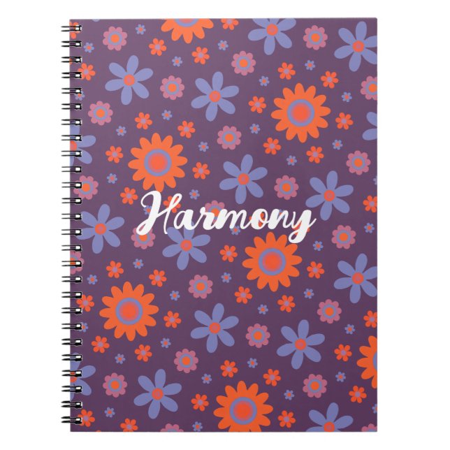 Caderno Espiral Adicione nome Feliz Flores Retro 70s Daisy Funny C (Frente)