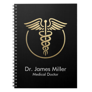 Caderno Espiral Adicione Seu Nome Símbolo de Caduceu Médico Preto