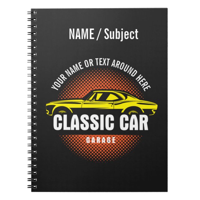 Caderno Espiral Adicione Texto de Nome Notebook de Carro Clássico  (Frente)
