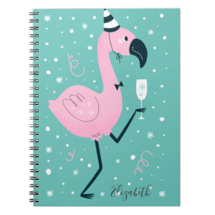 Caderno Espiral Adoráveis Flamingos Fofos Flocos de Neve 