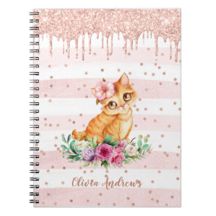 Caderno Espiral Adorável Gatinho de Aquarela Rosa