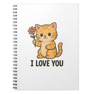 Caderno Espiral Adorável Gatinho Segurando Flor – EU TE AMO Fofo 