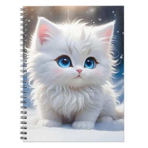 Caderno Espiral Adorável Gato Branco Fofo Olhos Azuis Bochechas Ro