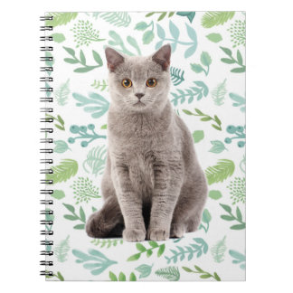 Caderno Espiral Adorável Gato de Cinza com Flores e Folhas