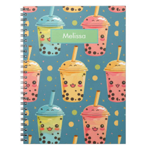 Caderno Espiral Adorável Kawaii Boba Drink Design