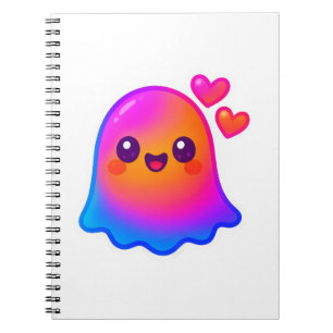 Caderno Espiral Adorável Neon Kawaii Ghost com brilho gradiente e