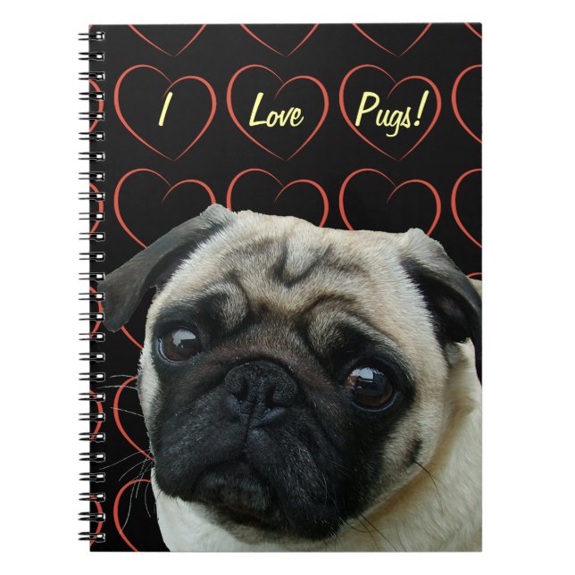 Caderno Espiral Adoro Pugs com Corações (Frente)
