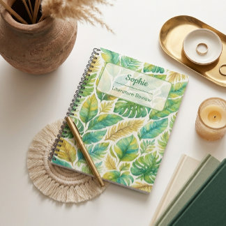 Caderno Espiral Aesthetic Green Tropical Leaves Custom Name