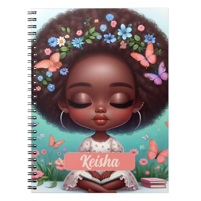 Caderno Espiral African American Girl personalizada com flores (Frente)