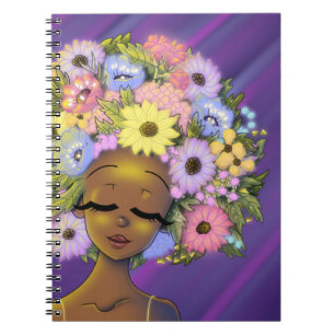 Caderno Espiral African American Woman Flower Hair Glow