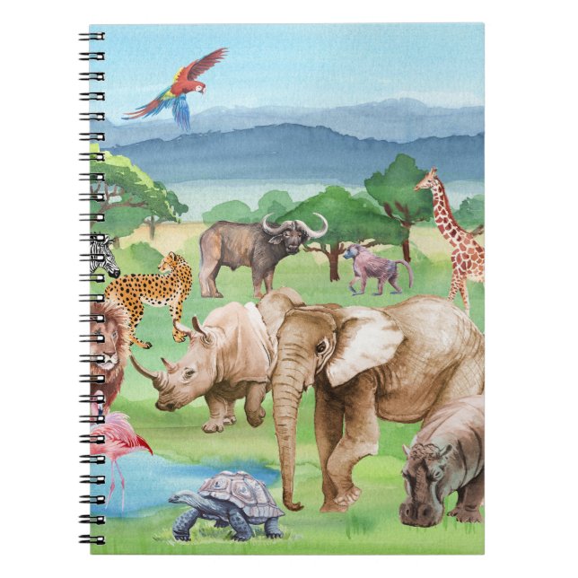 Caderno Espiral African Wildlife: Savannah Watercolor Wallpaper. (Frente)
