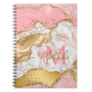 Caderno Espiral Ágata com Lantejoulas Douradas e Rosas
