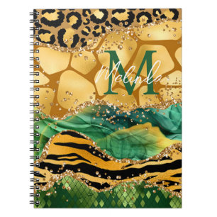 Caderno Espiral Ágata de Impressão Animal Safari Dourado e Verde