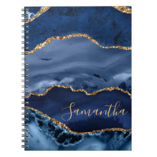 Caderno Espiral Ágata Mármore Brilho Azul Marinho e Dourado Falso