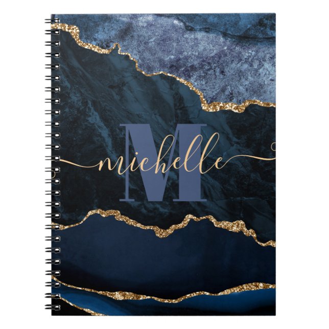 Caderno Espiral Ágata Mármore Brilho Falso Azul e Dourado (Frente)