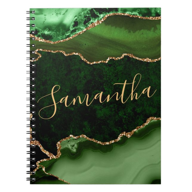 Caderno Espiral Ágata Mármore Brilho Verde e Ouro Falso (Frente)