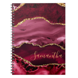 Caderno Espiral Ágata Mármore com Brilho Dourado Falso e Vermelho