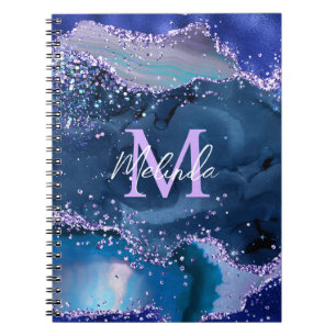Caderno Espiral Ágata Oceânica Brilho Azul Escuro e Roxo