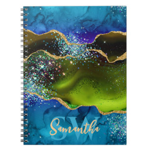 Caderno Espiral Ágata Pavão com Brilho Azul, Verde e Dourado